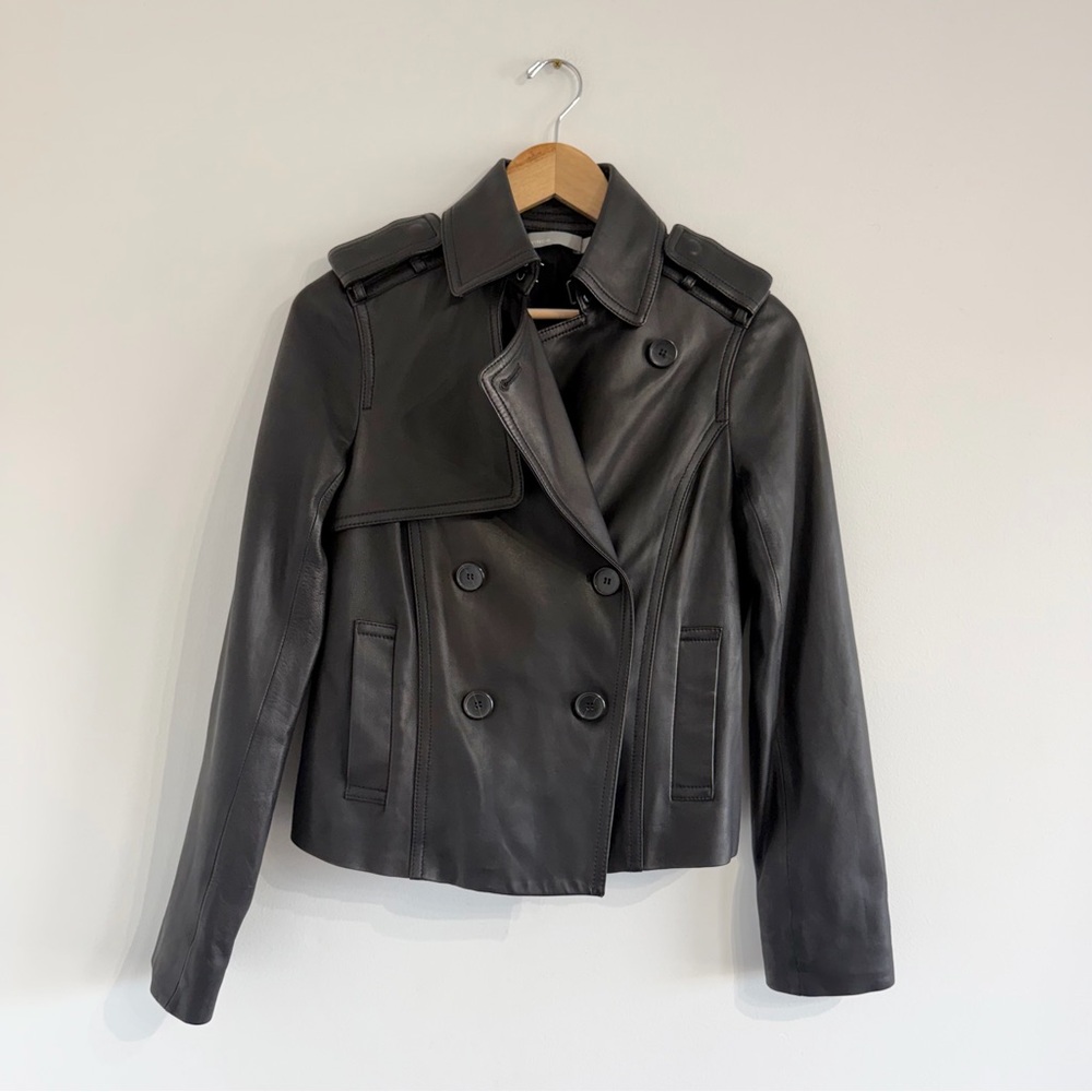 Vince Cropped Trench Black Leather Double-Breasted Jacket